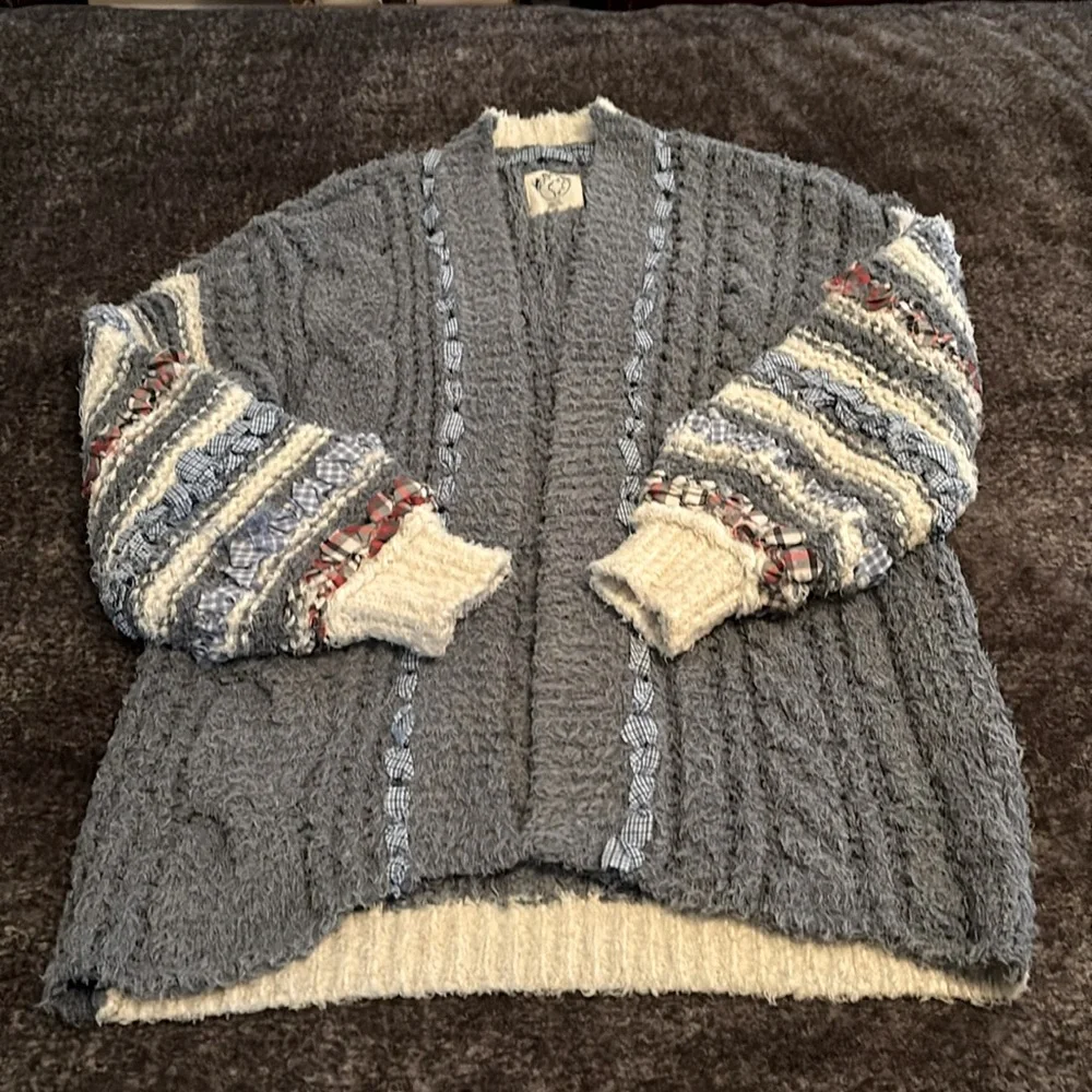 Care Free People Life's Purpose knit woven ribbon trimmed cardigan sweater sz.XS